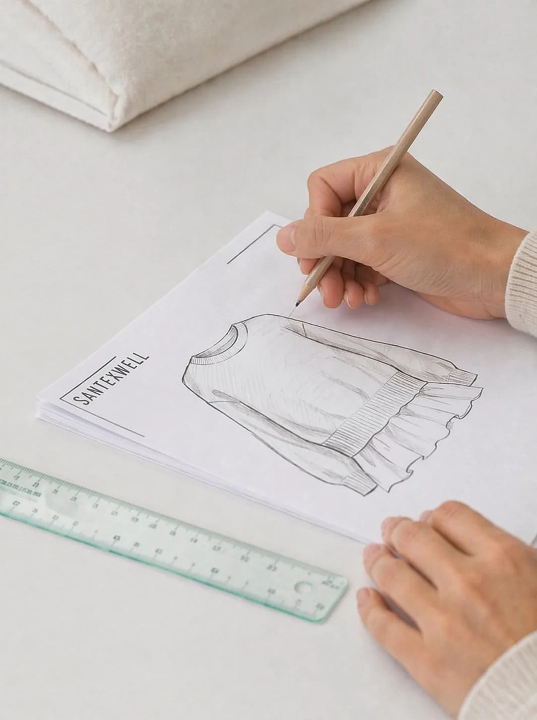 A designer sketching a knitwear style on paper