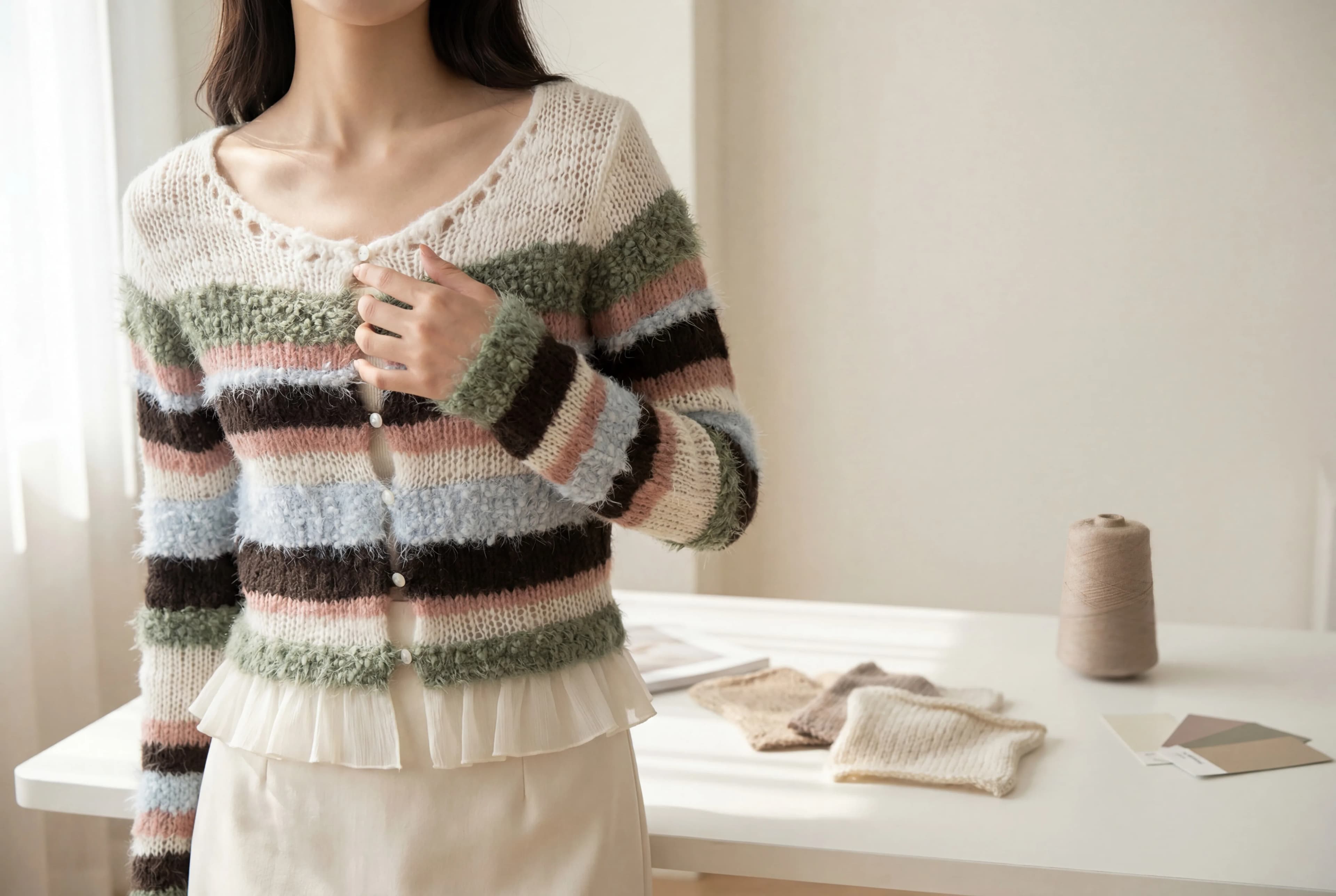 A model wearing a colorful striped cropped knit cardigan, touching the garment, with yarn, swatches, and color cards nearby