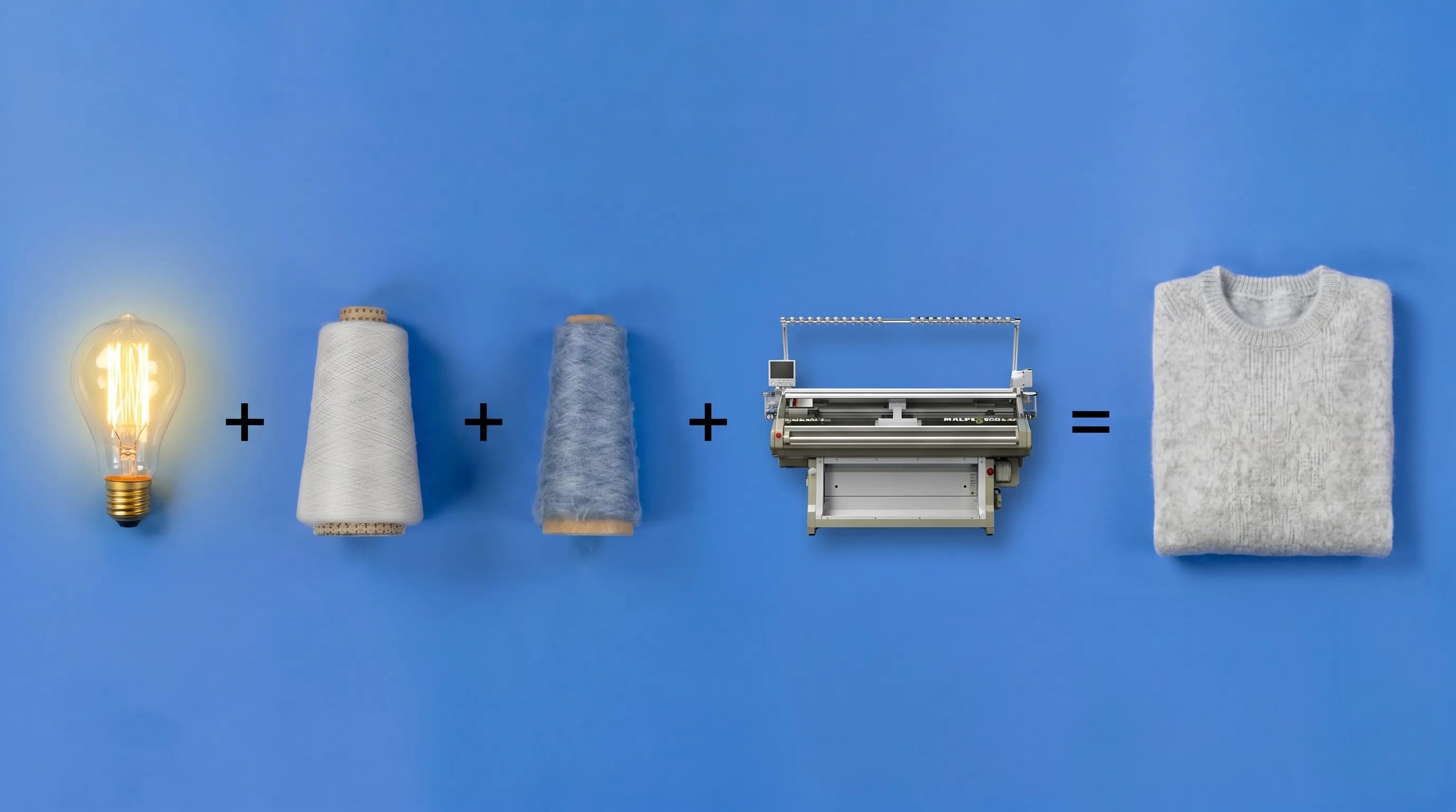 A light bulb, yarn cones, flat knitting machine, and sweater arranged as a garment knitting path