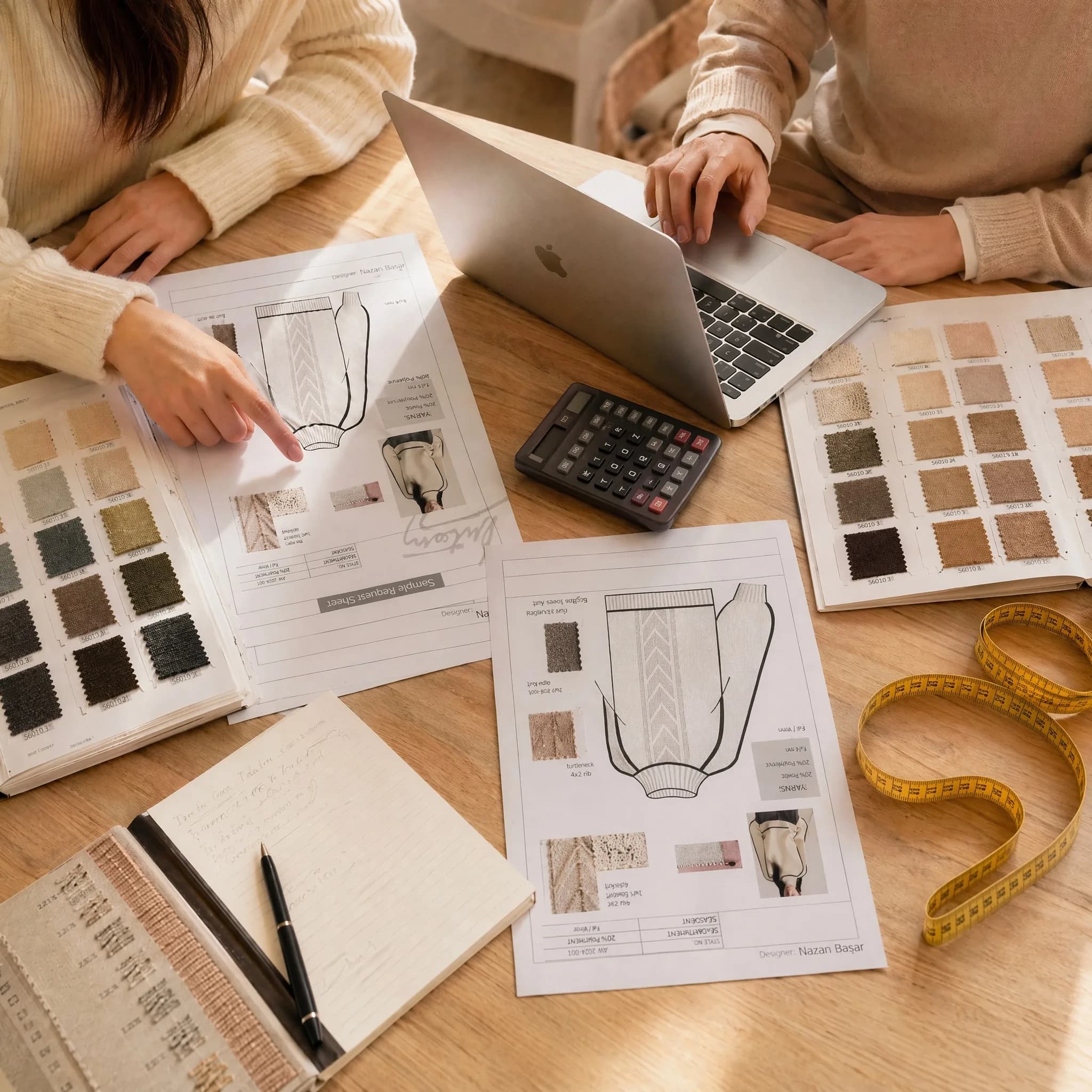 Knitwear project diagnosis table with design sketches, swatches, laptop, and measuring tape